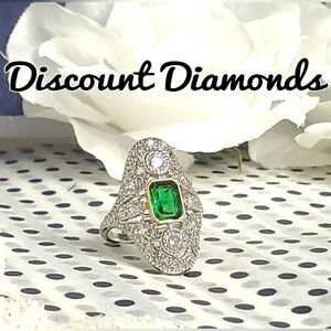 Vintage Retro Emerald & White Baguette Diamond Ring on 925 Sterling Silver